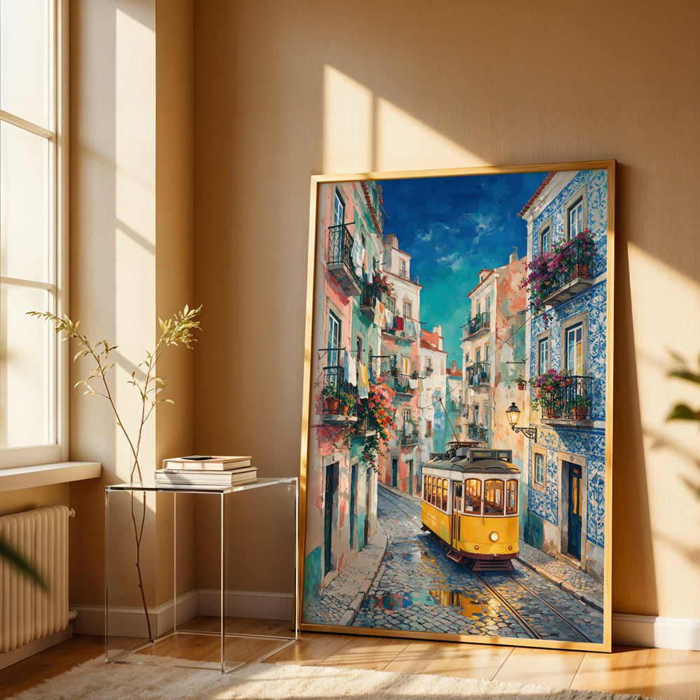 Lisbon tram canvas wall art featuring a classic yellow tram on a colourful Portuguese cobblestone street