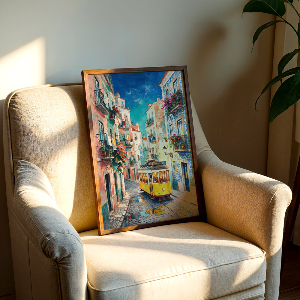European cityscape canvas featuring a Lisbon yellow tram traveling through a narrow historic street