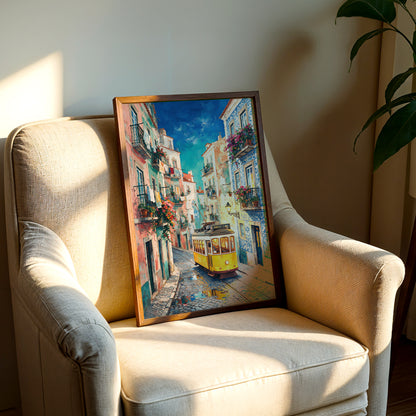 European cityscape canvas featuring a Lisbon yellow tram traveling through a narrow historic street