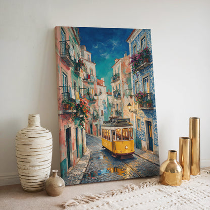 Lisbon Portugal wall art featuring a yellow tram, tiled façades, cobblestone road, balconies, and blue sky