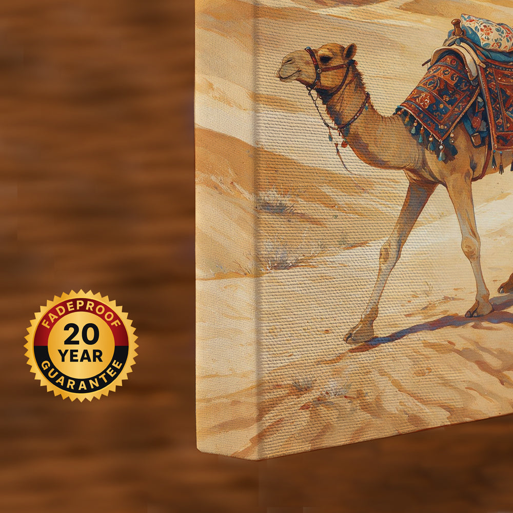 Ancient Egyptian landscape artwork featuring the Pyramids of Giza rising above golden sands with decorated camels