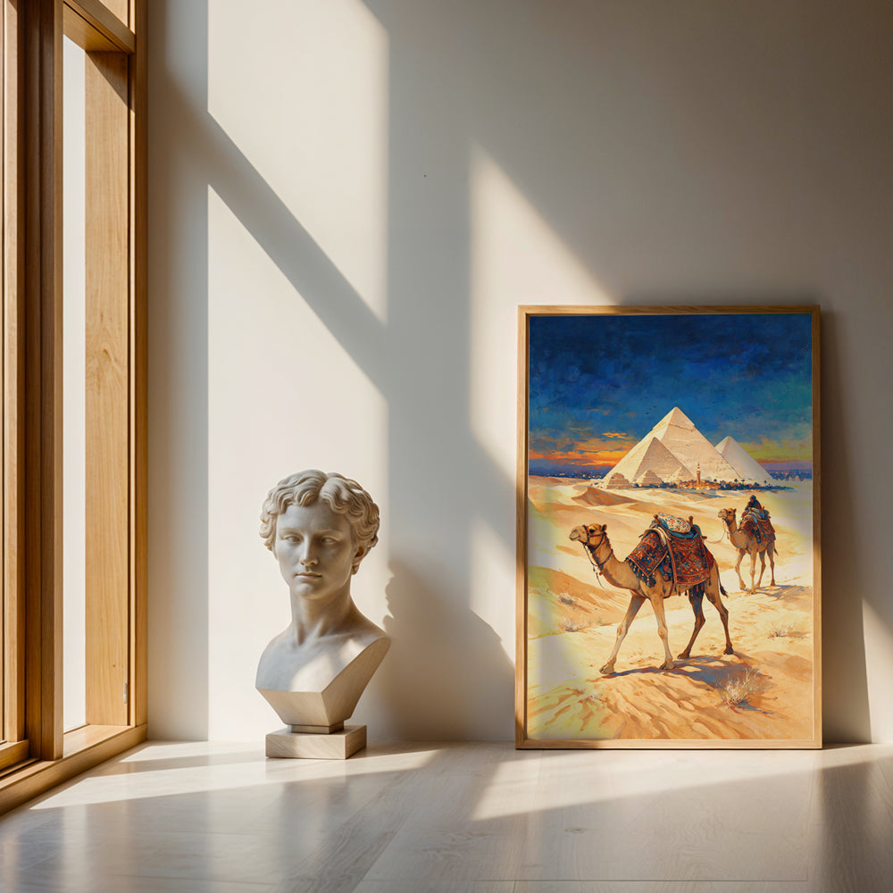 Egyptian desert landscape canvas featuring the Pyramids of Giza, camels, golden dunes, and dramatic evening light