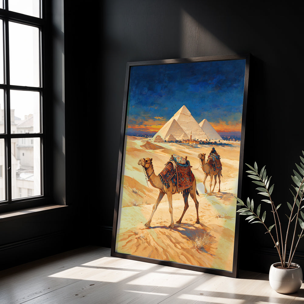 Museum Grade Canvas Wall Art depicting the Pyramids of Giza with camels crossing the Egyptian desert