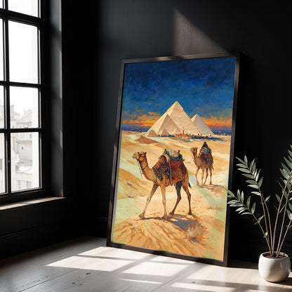 Museum Grade Canvas Wall Art depicting the Pyramids of Giza with camels crossing the Egyptian desert