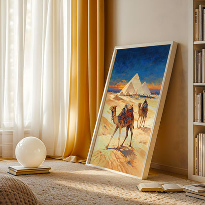 Giza pyramids wall art with richly decorated camels walking through the desert beneath deep blue and orange clouds