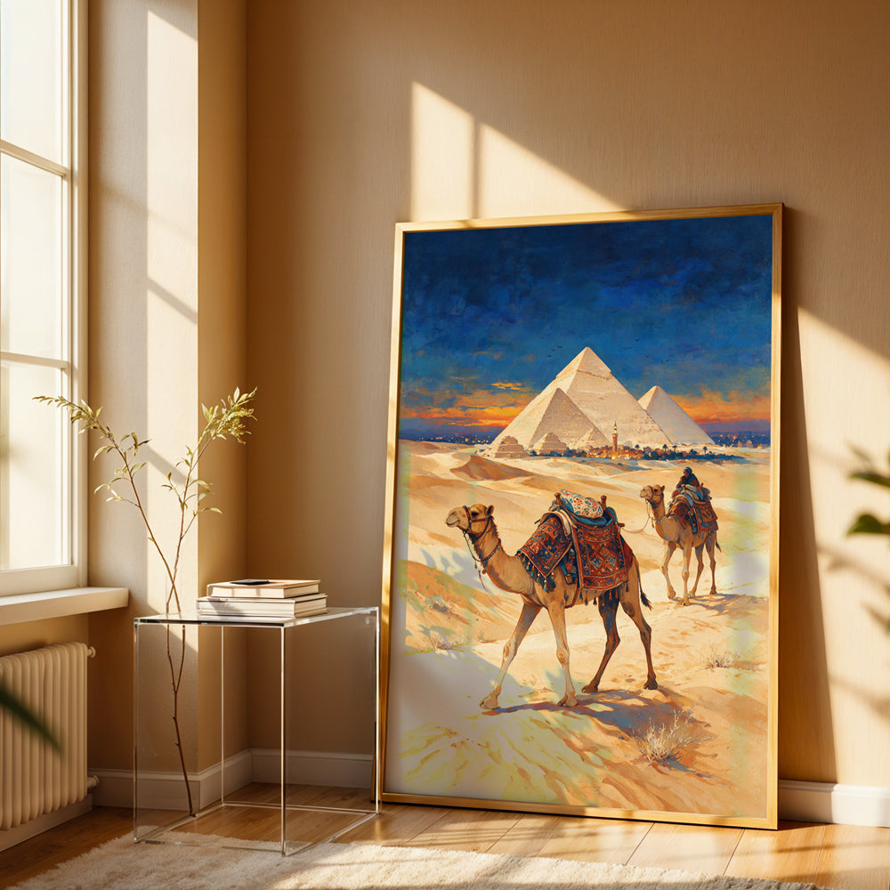 Egyptian pyramids canvas wall art featuring camels crossing golden desert dunes beneath a dramatic blue and orange sky