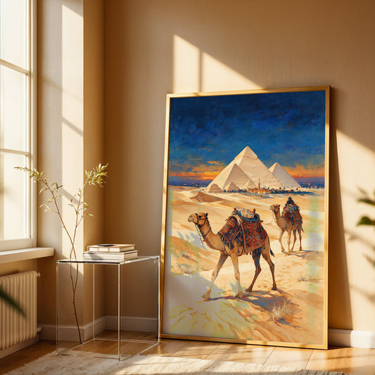 Egyptian pyramids canvas wall art featuring camels crossing golden desert dunes beneath a dramatic blue and orange sky
