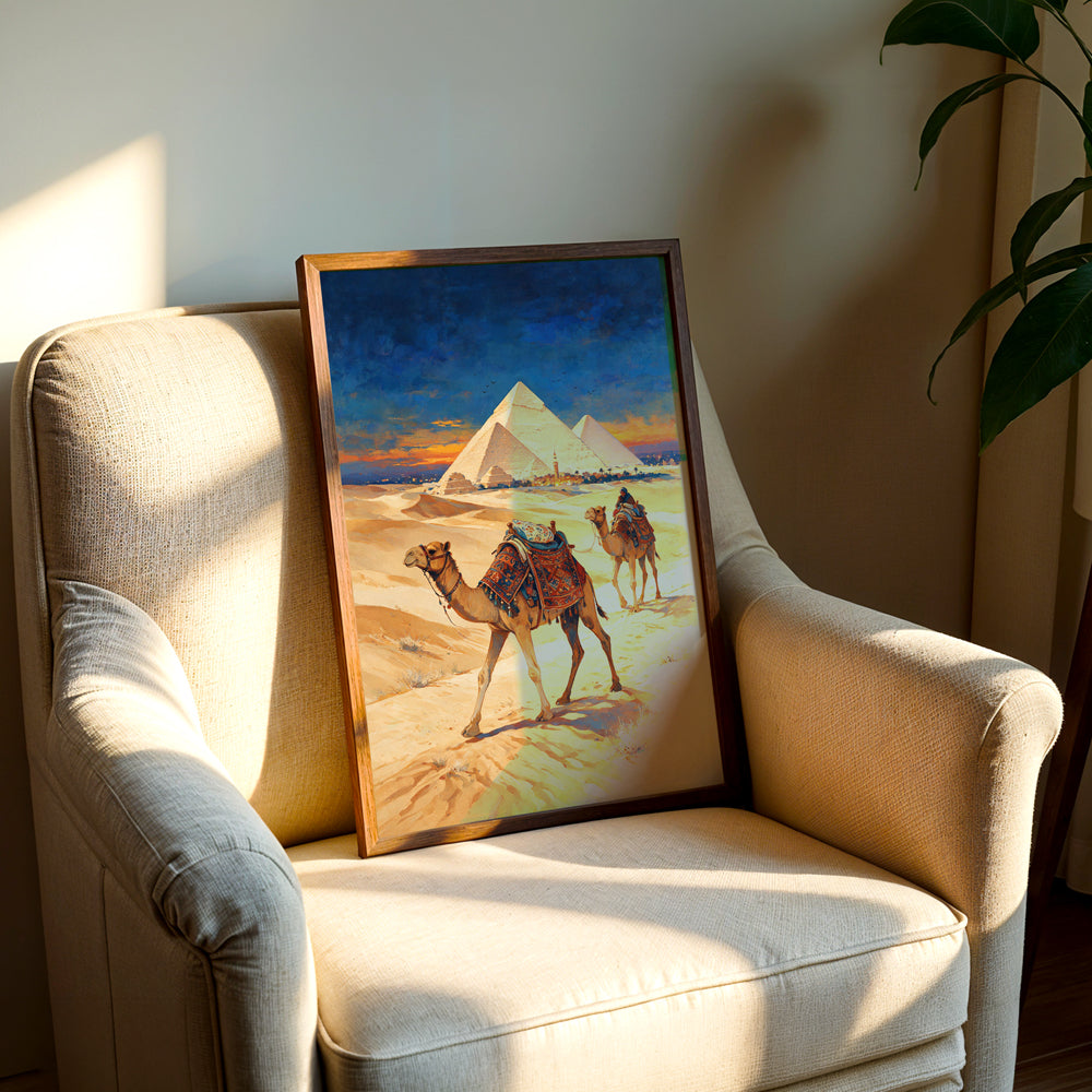 Travel-inspired canvas wall art showing camels in the Egyptian desert with the iconic Pyramids of Giza in the distance