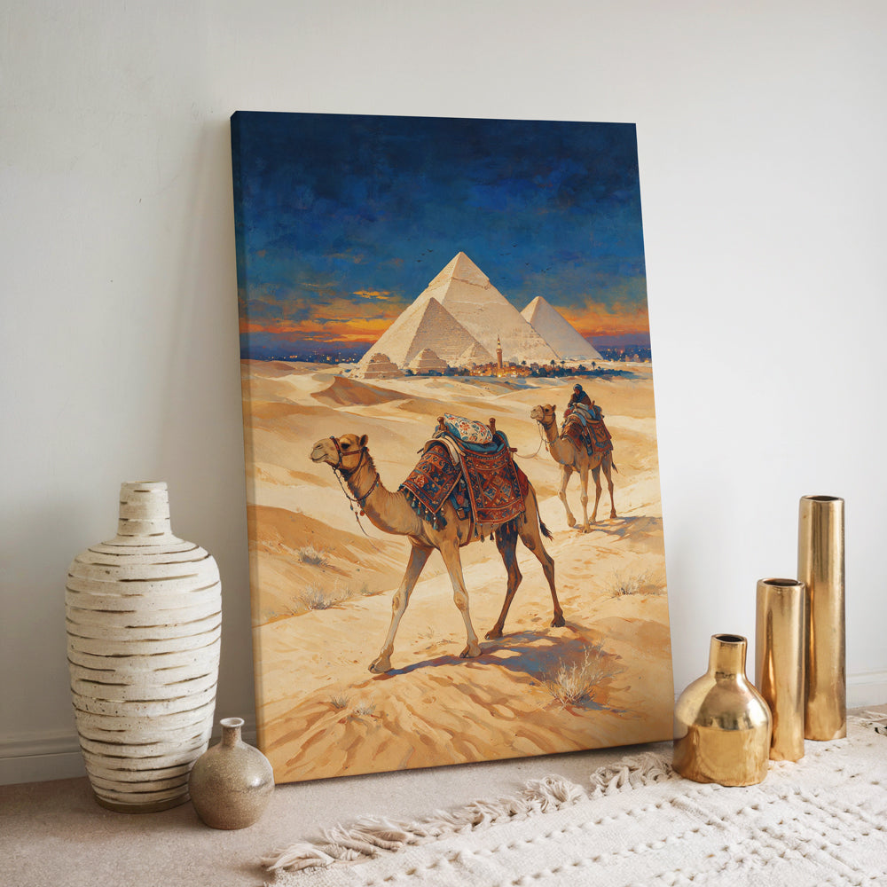 Ancient Egypt desert artwork featuring the Great Pyramids, golden sand dunes, decorated camels, and a vibrant sunset sky