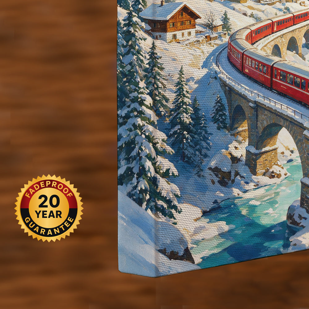 Winter mountain canvas wall art featuring a red alpine train, stone viaduct, snow-covered peaks, village houses, and flowing stream