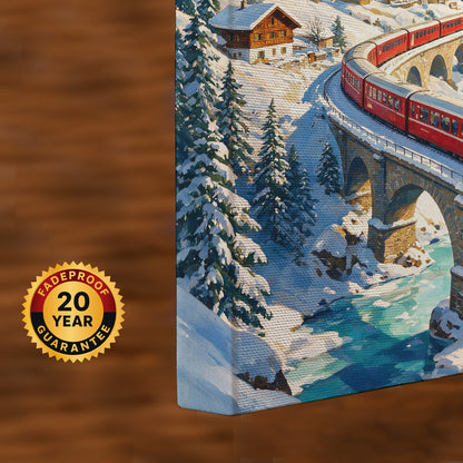 Winter mountain canvas wall art featuring a red alpine train, stone viaduct, snow-covered peaks, village houses, and flowing stream