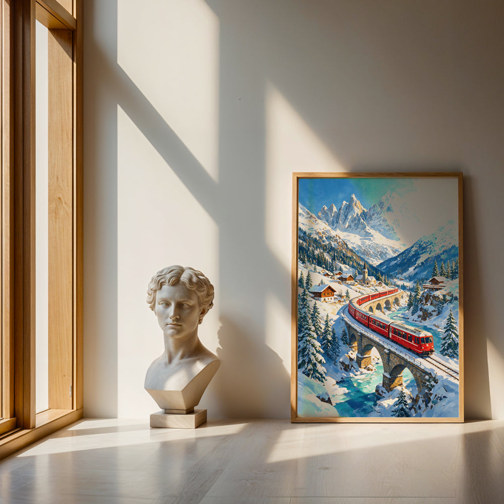 Scenic Swiss Alps canvas artwork featuring a red train on a stone bridge surrounded by snow-covered peaks and forests