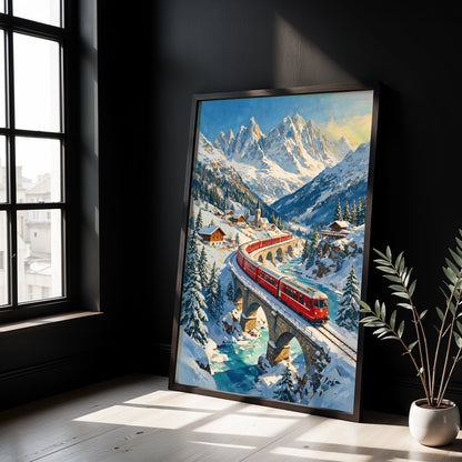 Museum Grade Canvas Wall Art depicting a red mountain train crossing a viaduct beneath dramatic snow-capped Alpine peaks