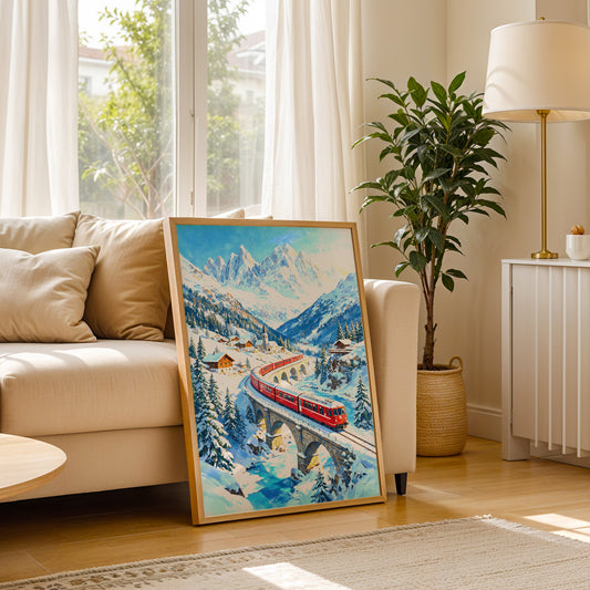 Red alpine train traveling across a stone railway bridge surrounded by snow-covered Swiss mountains and pine forests