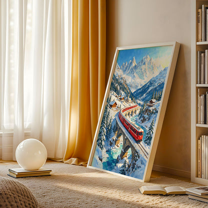 Alpine train wall art showing a bright red railway passing through a snowy mountain valley with pine trees and chalets