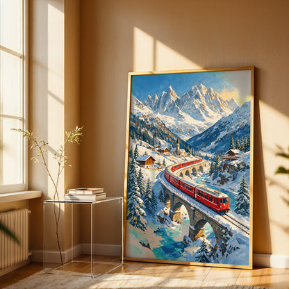 Swiss Alps train canvas wall art featuring a red mountain train crossing a stone viaduct through a snowy alpine landscape