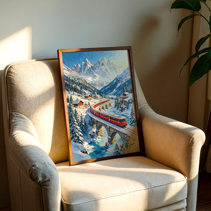 European travel-inspired canvas wall art showing a red mountain railway winding through a snowy Swiss Alpine valley