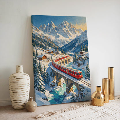 Swiss winter landscape artwork featuring a red scenic train, snow-covered mountains, alpine village, and turquoise mountain stream