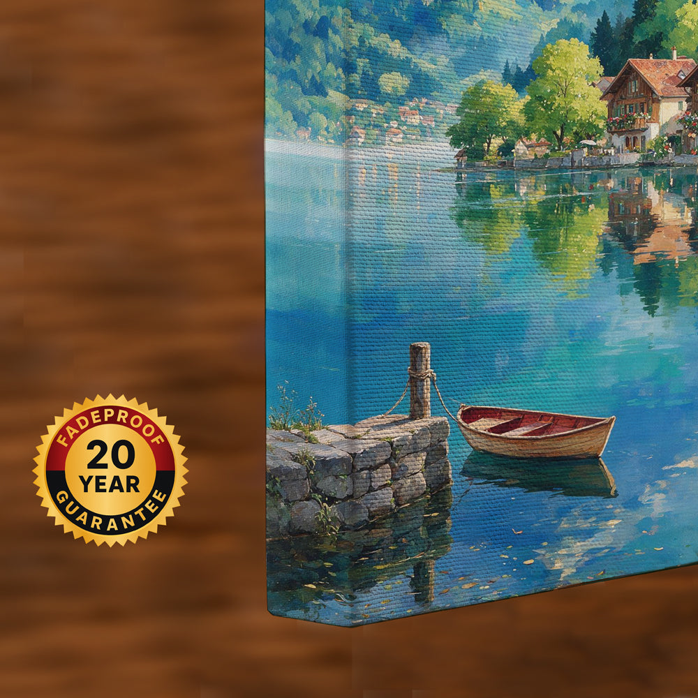 Alpine lake canvas artwork featuring a small wooden boat, Swiss-style chalets, lush forests, and majestic snow-capped mountains