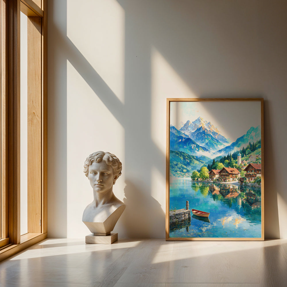 Peaceful Swiss landscape canvas featuring an alpine lake, colourful chalet roofs, forested slopes, and snowy mountain peaks