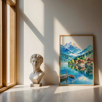 Peaceful Swiss landscape canvas featuring an alpine lake, colourful chalet roofs, forested slopes, and snowy mountain peaks