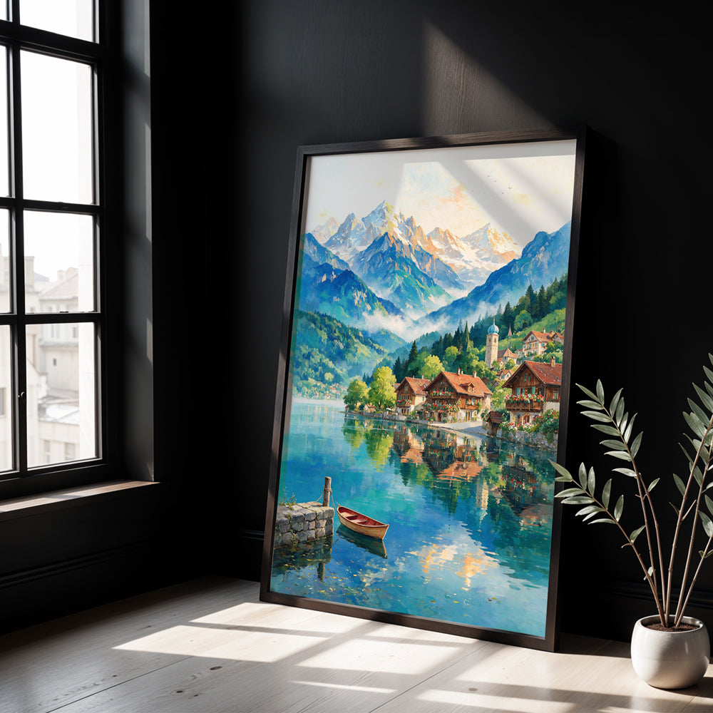 Museum Grade Canvas Wall Art depicting a peaceful alpine lake surrounded by Swiss-style village houses and towering mountains