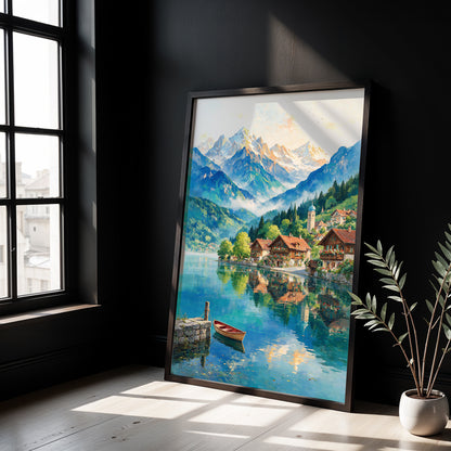 Museum Grade Canvas Wall Art depicting a peaceful alpine lake surrounded by Swiss-style village houses and towering mountains