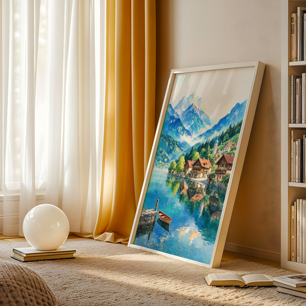 Mountain lake wall art showing traditional alpine houses beside clear blue water with snow-covered mountains in the distance