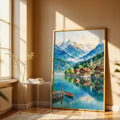 Swiss mountain lake canvas wall art featuring alpine chalets, snow-capped peaks, forests, and a small wooden boat