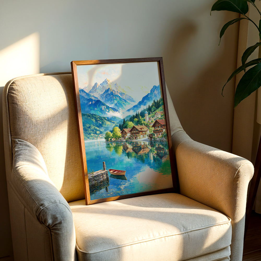 European travel-inspired canvas wall art depicting a tranquil Swiss mountain village reflected in a clear alpine lake