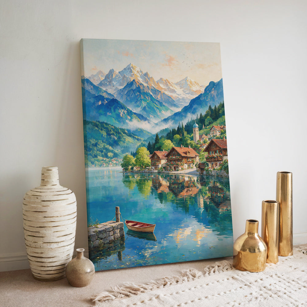 Swiss alpine village artwork featuring a reflective blue lake, wooden boat, mountain chalets, and dramatic snow-capped peaks
