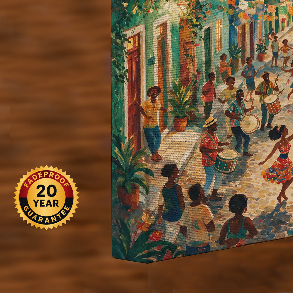 Travel-inspired canvas wall art of Rio de Janeiro with carnival dancers, colorful architecture, hillside homes, and Christ the Redeemer