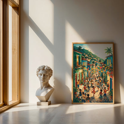 Brazilian carnival canvas artwork with dancing figures, colorful houses, tropical foliage, and mountain scenery