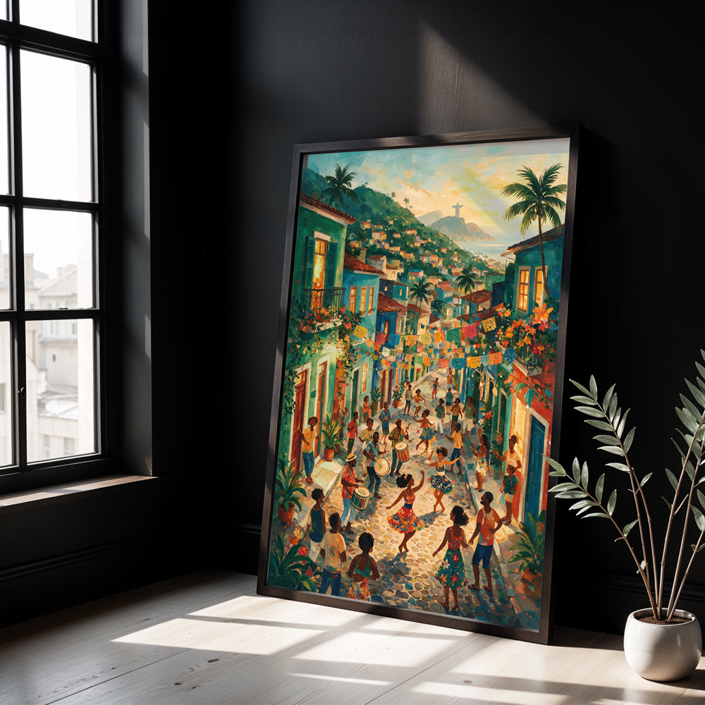 Museum Grade Canvas Wall Art depicting a lively Rio de Janeiro street celebration with Christ the Redeemer in the distance