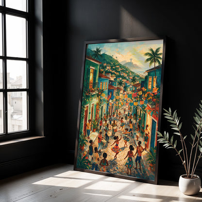 Museum Grade Canvas Wall Art depicting a lively Rio de Janeiro street celebration with Christ the Redeemer in the distance