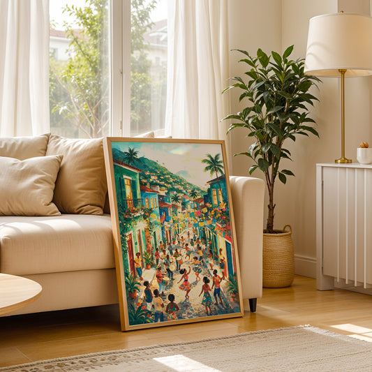 Vibrant Rio carnival street scene with dancers, musicians, colorful houses, festive banners, and tropical palm trees