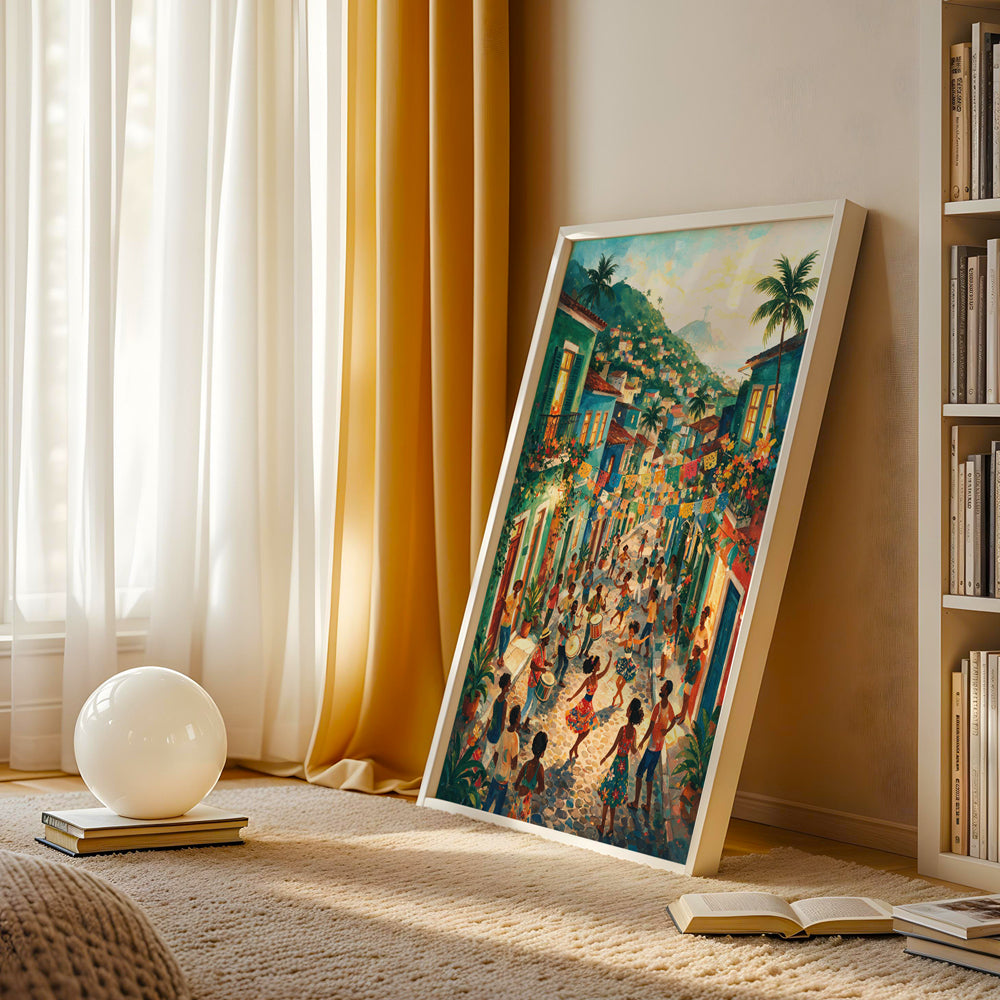 Rio de Janeiro wall art featuring a festive neighborhood street, colorful buildings, palm trees, and Christ the Redeemer