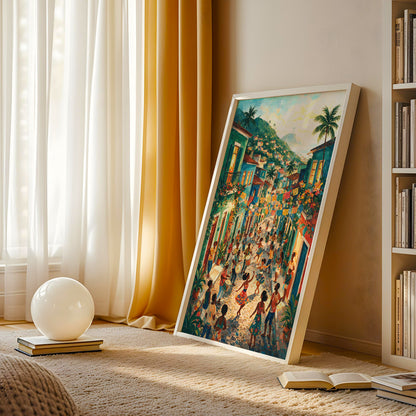 Rio de Janeiro wall art featuring a festive neighborhood street, colorful buildings, palm trees, and Christ the Redeemer