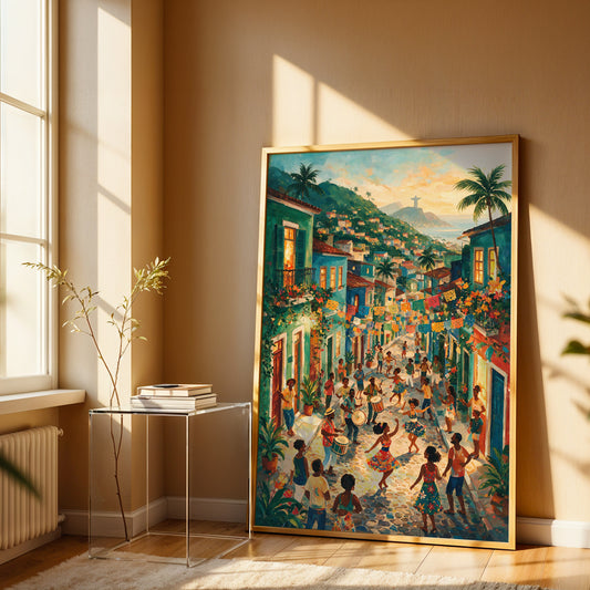 Rio de Janeiro carnival canvas wall art featuring colorful streets, dancers, tropical palms, and Christ the Redeemer