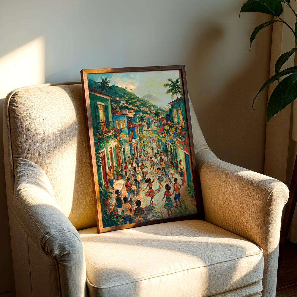 Vibrant Rio street canvas wall art showing a colorful carnival celebration beneath festive flags and tropical palm trees
