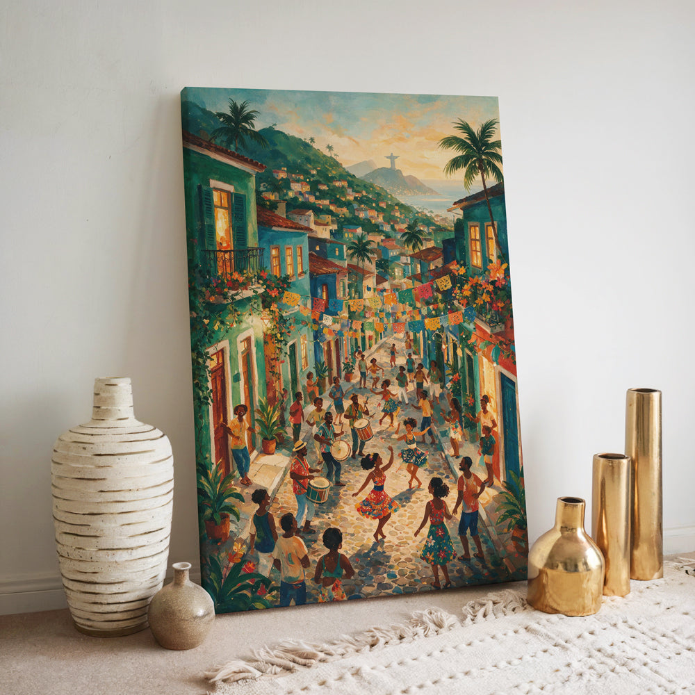 Colorful Brazilian carnival artwork showing dancers and musicians celebrating on a sunny cobblestone street in Rio