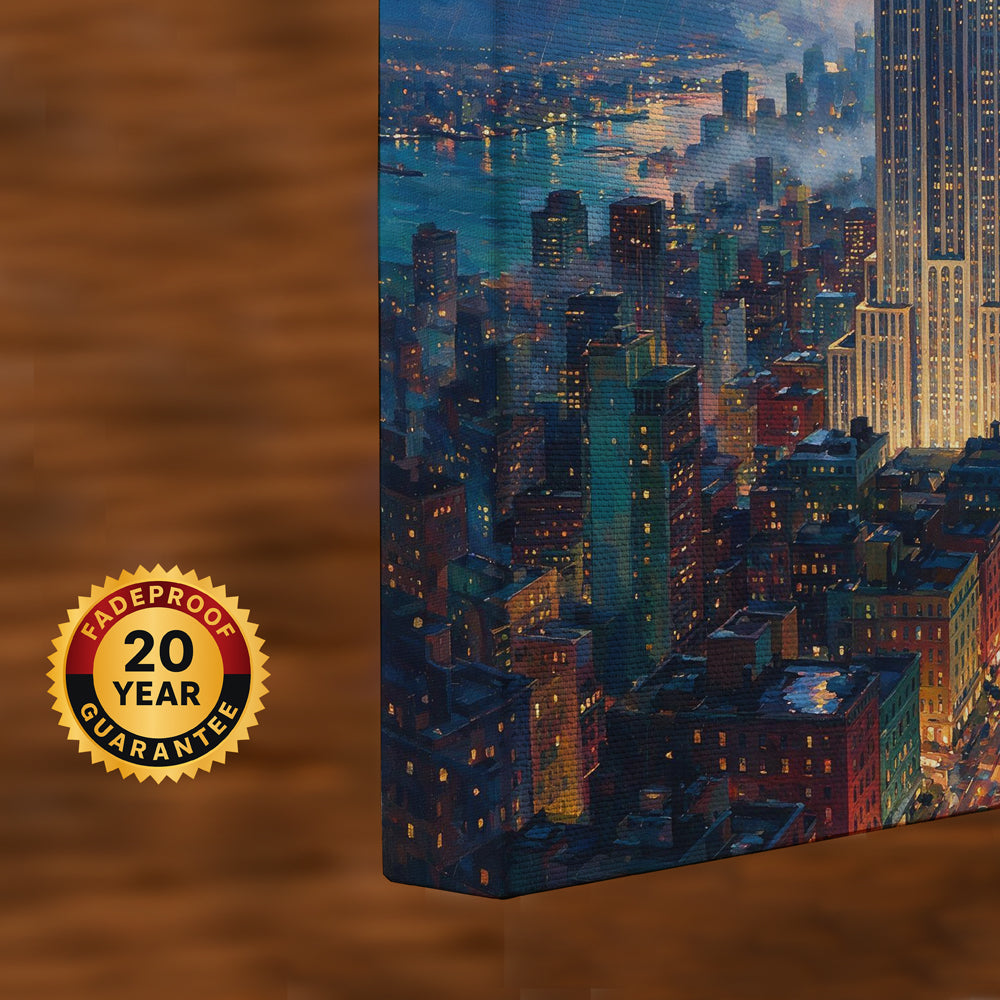 New York travel-inspired canvas artwork featuring the Empire State Building glowing above the Manhattan skyline at dusk