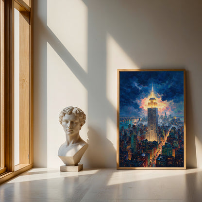 Cinematic Manhattan skyline canvas featuring the illuminated Empire State Building and colorful twilight sky