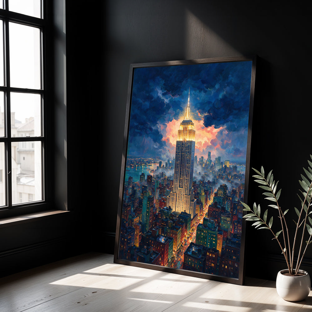 Museum Grade Canvas Wall Art depicting the Empire State Building rising above a brightly illuminated New York City skyline