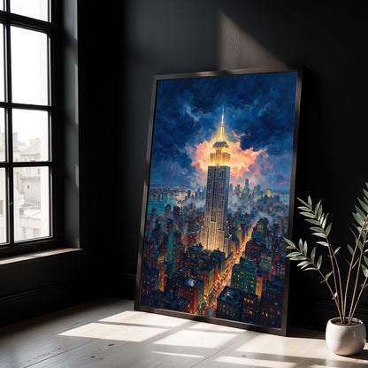 Museum Grade Canvas Wall Art depicting the Empire State Building rising above a brightly illuminated New York City skyline