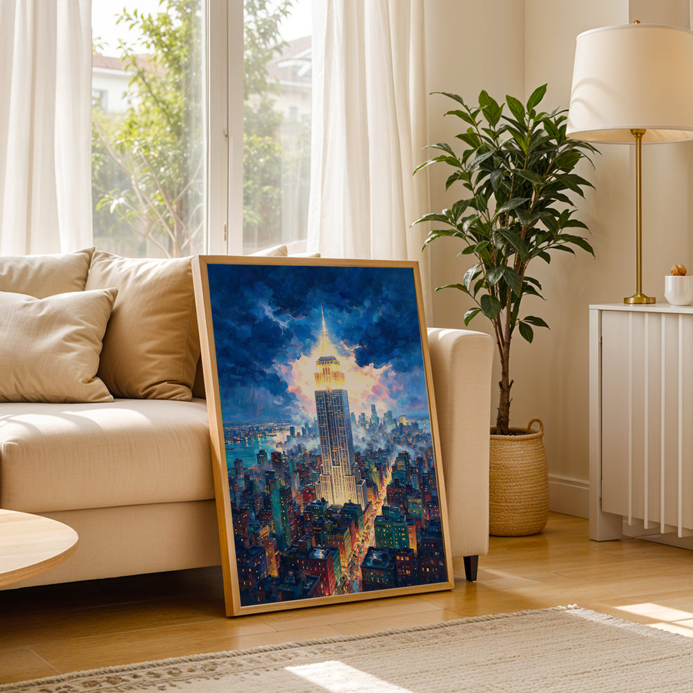 Empire State Building glowing above the Manhattan skyline at twilight in a vibrant cityscape canvas artwork