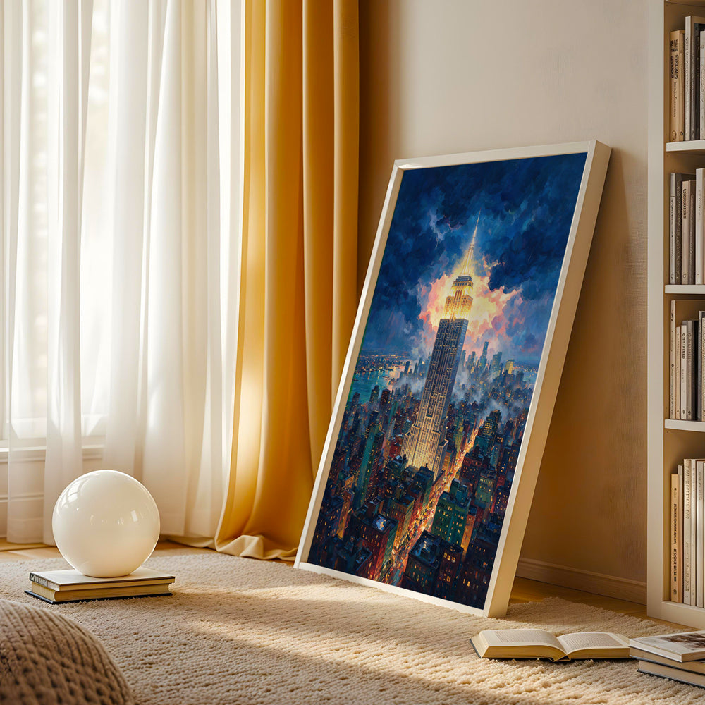 New York City wall art featuring the golden Empire State Building surrounded by glowing skyscrapers and deep blue clouds