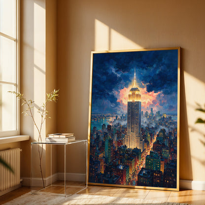New York City skyline canvas wall art featuring the illuminated Empire State Building beneath dramatic blue evening clouds
