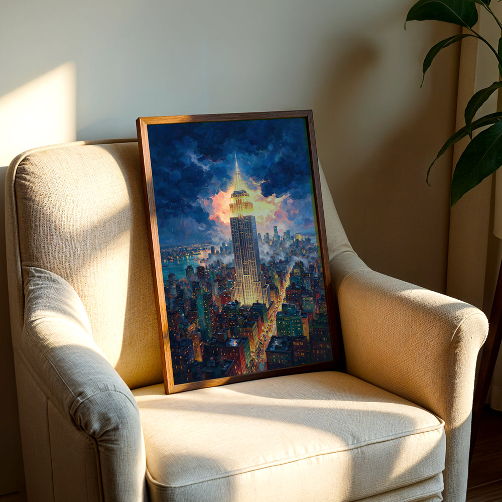 Urban New York canvas wall art showing the Empire State Building above a detailed nighttime Manhattan cityscape