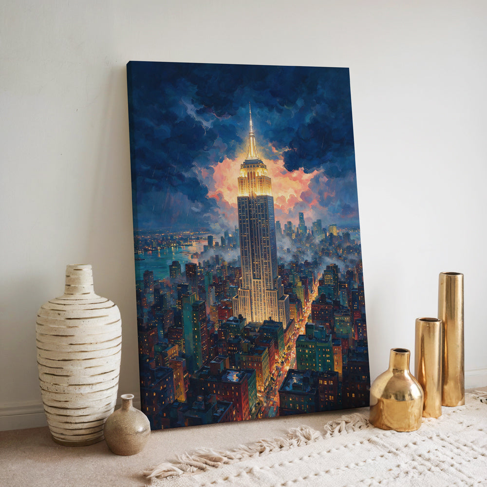 Dramatic New York skyline artwork with the Empire State Building illuminated against colorful storm clouds at dusk